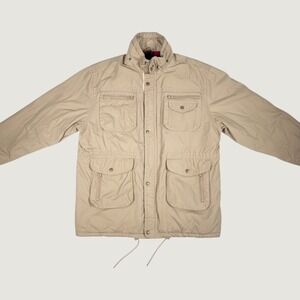 Vintage River Trader Mens L Tan Field Coat Utility Cargo Jacket Plaid Lined 90s